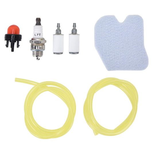 Chainsaw air filter tune-up kit parts: blue filter pad, yellow fuel line, spark plugs, fittings