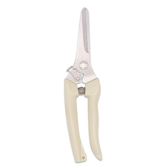 Garden pruning shears with silver cutting blades and cream ergonomic handles