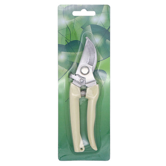 Garden shears with stainless steel blades, cream handles, and safety lock
