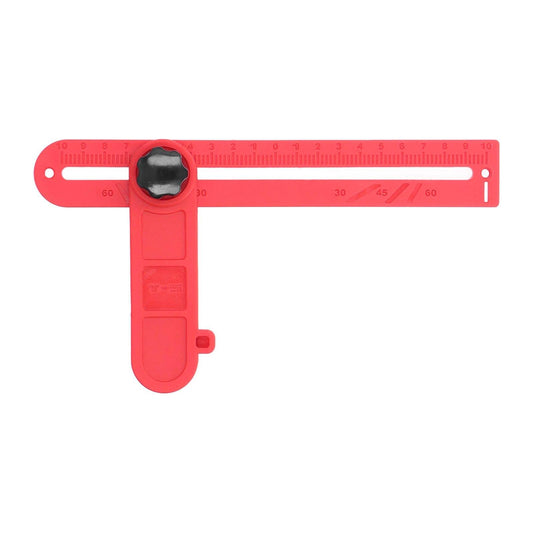 Adjustable plastic angle measuring ruler with red body, black pivot knob, degree markings.