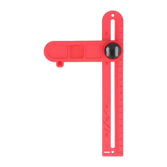 Red adjustable angle finder with black pivot knob and printed degree scale on ruler arms.