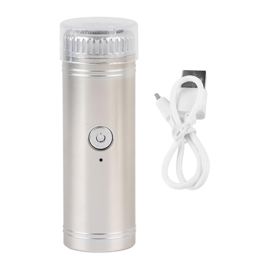 Nose hair trimmer with clear cap, power button, and white charging cable