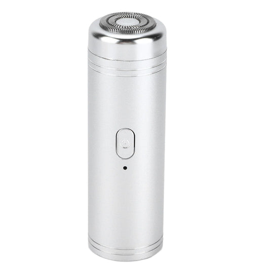 Nose hair trimmer, metallic silver body with round grooming head and power switch