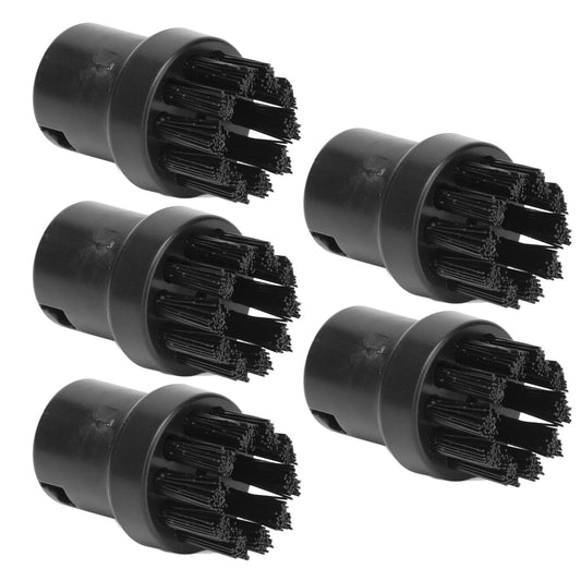 Five black cylindrical steam brush attachments with dense side bristles
