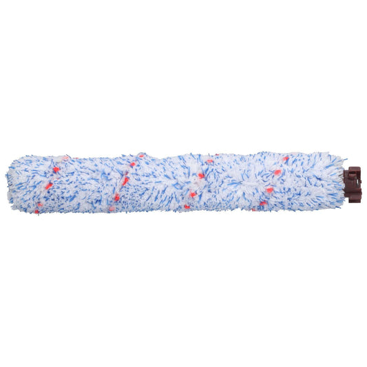 Blue microfiber brush roll with red-tipped bristles and brown end caps