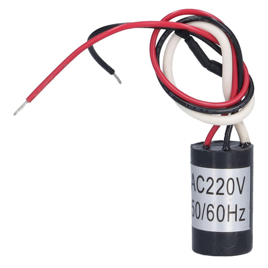 Cylindrical ionizer module with red, black, and white wires; AC220V 50/60Hz label