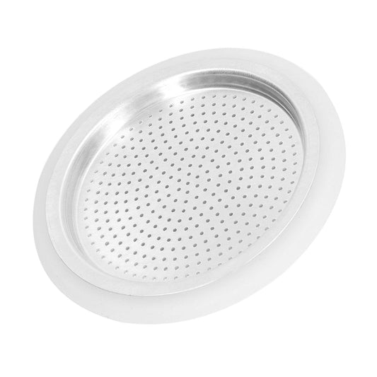 Reusable aluminum coffee filter disc with fine perforations, top view