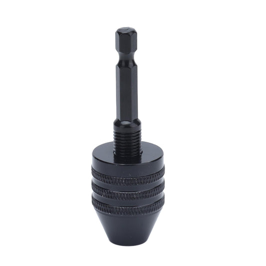 Quick-change drill chuck with hex shank, black knurled grip and threaded collar.