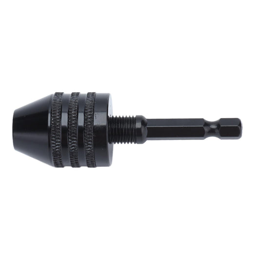 Quick-change drill chuck with hex shank and knurled grip, black metal body.