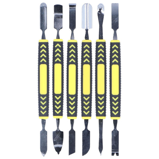 Set of 6 metal prying spudgers with black and yellow rubber grips, dual metal tips.