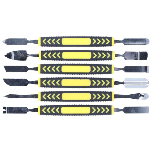 Set of 6 metal prying spudgers, yellow center pads and chevron arrows on black grips.