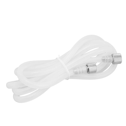 White silicone airbrush hose with two mesh metal threaded connectors at one end.