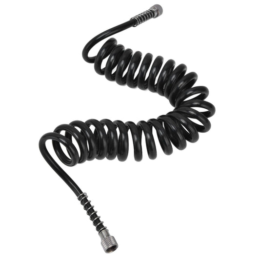 Black polyurethane coiled air hose with metal threaded fittings and hose ends
