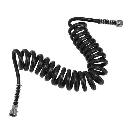 Black coiled air hose with two metal threaded end fittings
