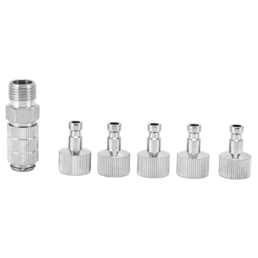 Stainless steel airbrush adapter set with threaded quick-release couplers and knurled grips