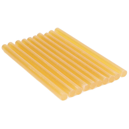 Yellow hot melt glue sticks, 10-pack arranged in a row