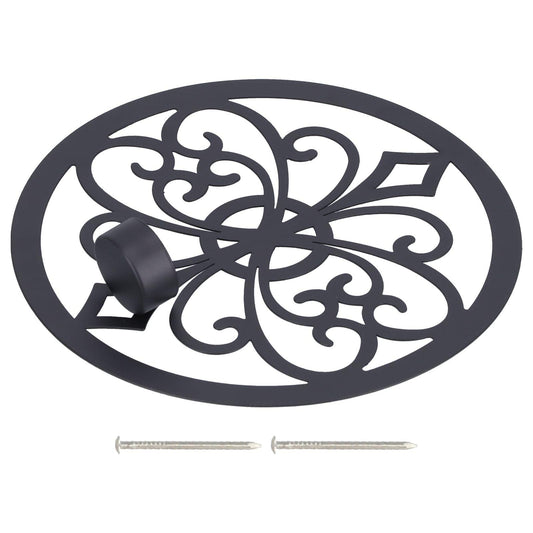 Black metal wall candle holder with oval baroque filigree, candle cup, and two screws