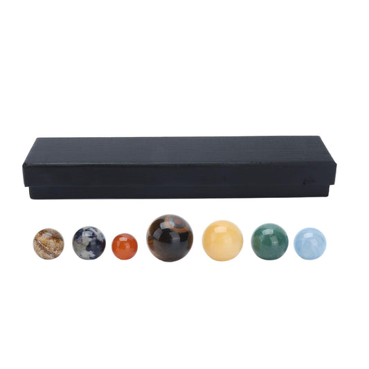 Black display box with eight multicolor crystal spheres for desktop ornament