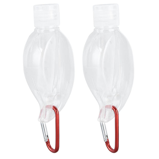 2-pack clear squeeze bottles with white caps and red keychain loop handles