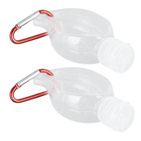 2 transparent travel squeeze bottles with white caps and red carabiner keychain clips