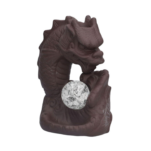Dark brown dragon ceramic incense holder with spherical basin and side view