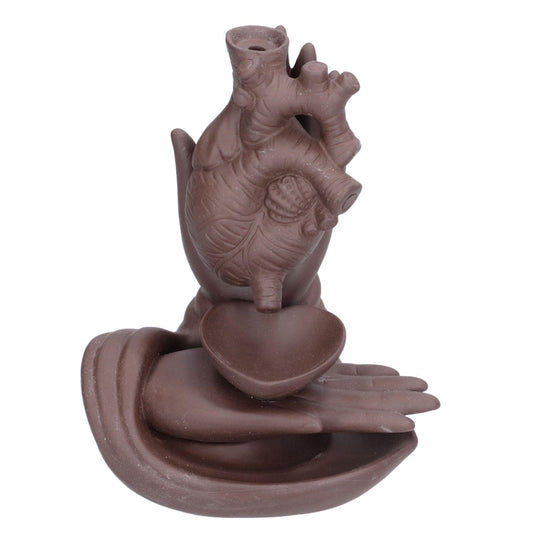 Dark brown ceramic backflow incense holder with heart-shaped waterfall and hand figure
