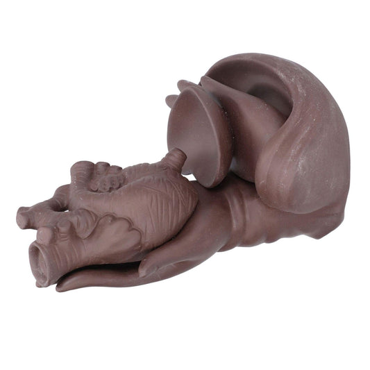 Dark brown ceramic incense waterfall holder, hand sculpture cradling a bowl