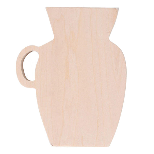 Natural pinewood vase with oval handle cutout on the side and wide neck opening.
