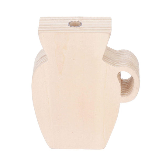 Natural pine wooden vase with top hole and curved side cutout handle, simple profile.