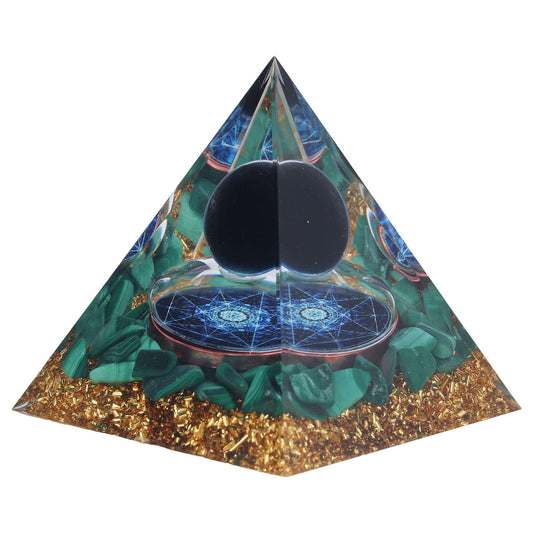 Orgone gemstone pyramid with black sphere, blue sacred circle, teal stones, gold glitter base