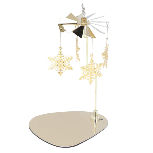 Round metal base candle holder with hanging gold-tone snowflake wind chime
