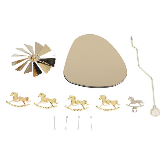Beige round tray candle holder parts with gold rocking horses and hanging hooks