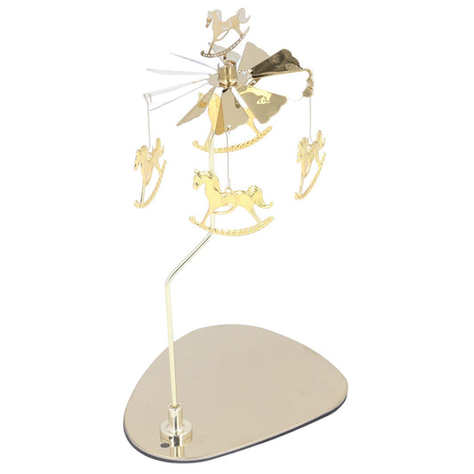 Gold rocking horse wind chime candle holder with beige base and rotating carousel