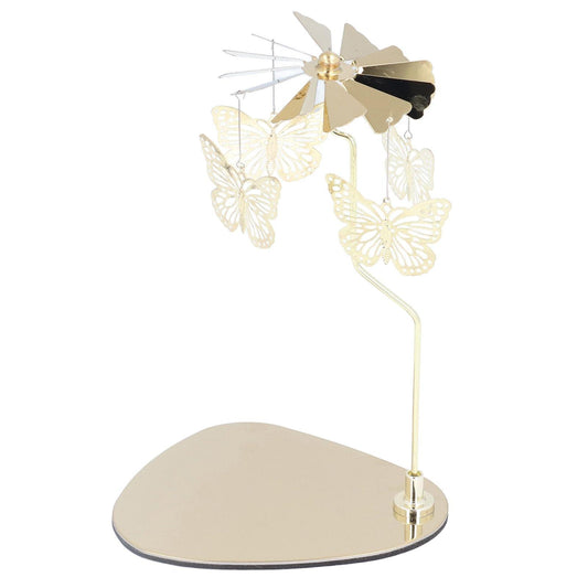 Metal candle holder stand with butterfly wind-chime and wide round base tray