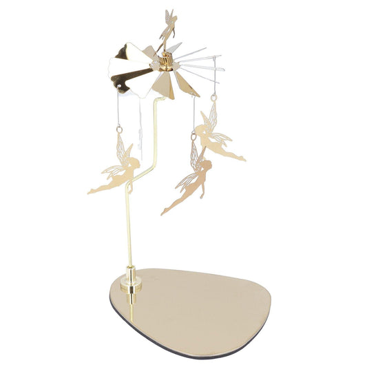 Rotating fairy wind chime candle holder with triangular tray and gold wind blades