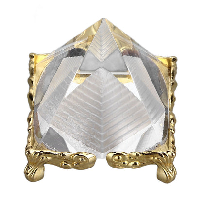 4cm Pyramid Prism Meditation Crystal Carved Pyramid Ornament with Gold Stand for Home Office Art Decor