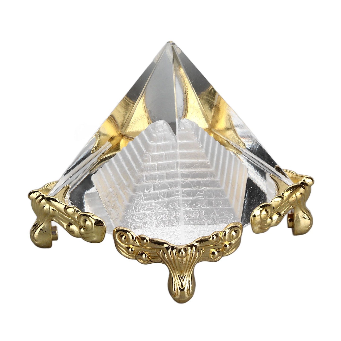 4cm Pyramid Prism Meditation Crystal Carved Pyramid Ornament with Gold Stand for Home Office Art Decor