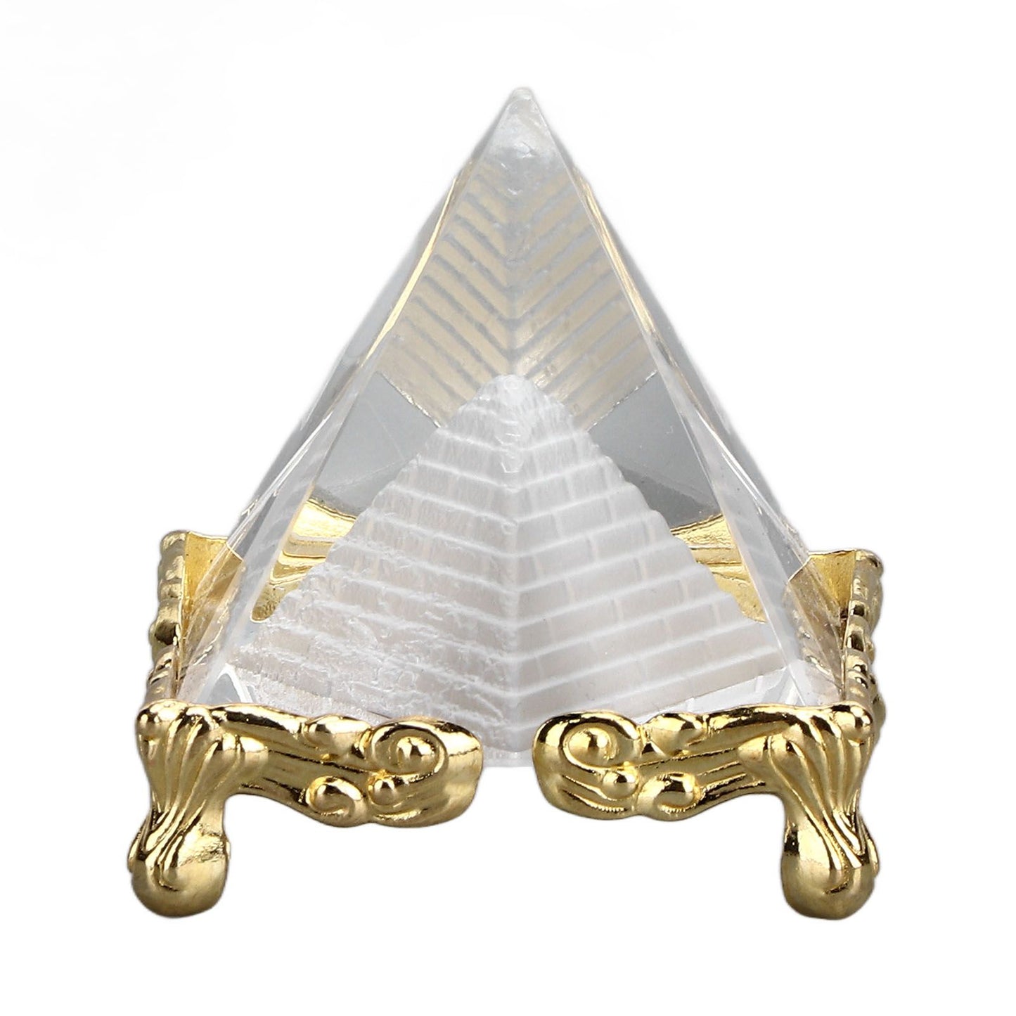 4cm Pyramid Prism Meditation Crystal Carved Pyramid Ornament with Gold Stand for Home Office Art Decor