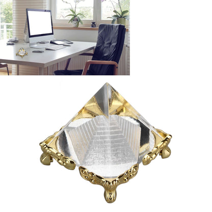 4cm Pyramid Prism Meditation Crystal Carved Pyramid Ornament with Gold Stand for Home Office Art Decor