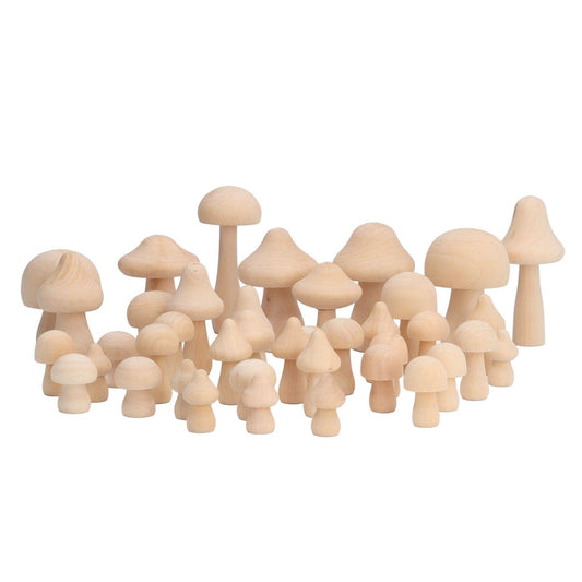 Unpainted wooden mushroom shapes, natural wood, mixed sizes and short stems