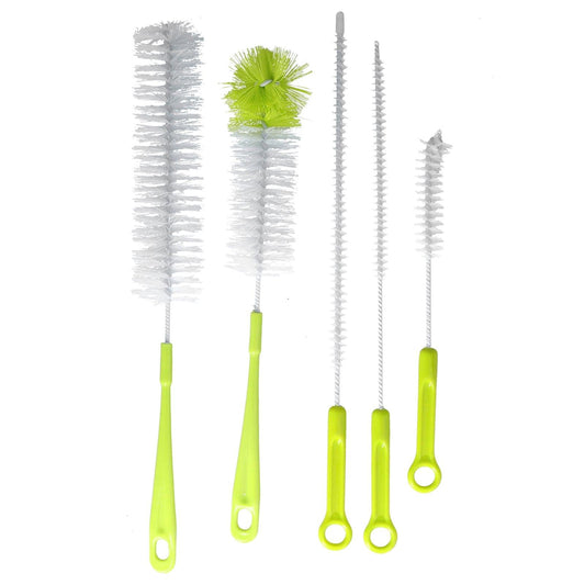 5-piece long-handled bottle cleaning brushes set with white bristles and lime-green handles