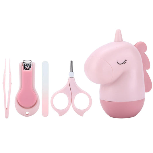 Pink baby nail care kit with clipper, file, tweezers, and cartoon storage case.