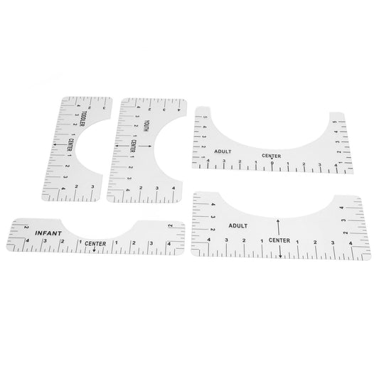 Reusable PVC shirt alignment ruler set with curved guides and size labels, including center marks.
