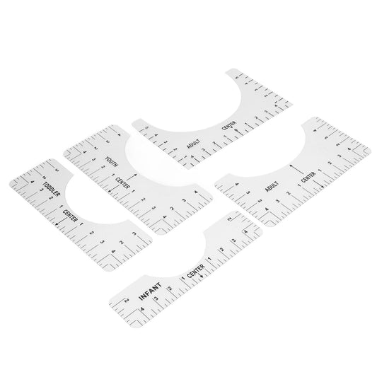 Shirt alignment ruler set with curved neckline guides, printed measurement scales, and center labels.