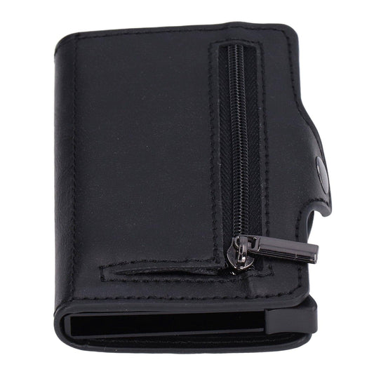 Black leather-look card holder with side zipper pocket and magnetic snap