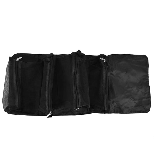 Foldable black nylon makeup travel bag with multiple zippered compartments and hanging loop