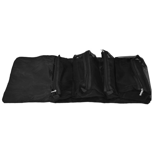 Foldable black nylon travel cosmetic bag with several zip pockets and side zipper