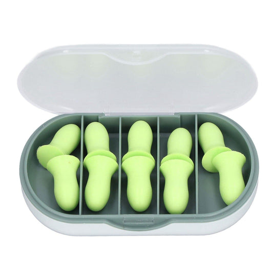 Soft foam ear plugs set in open gray case with clear lid, lime green plugs