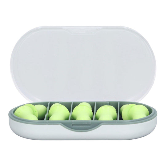 Soft foam ear plugs set in closed clear-top case, lime green plugs visible