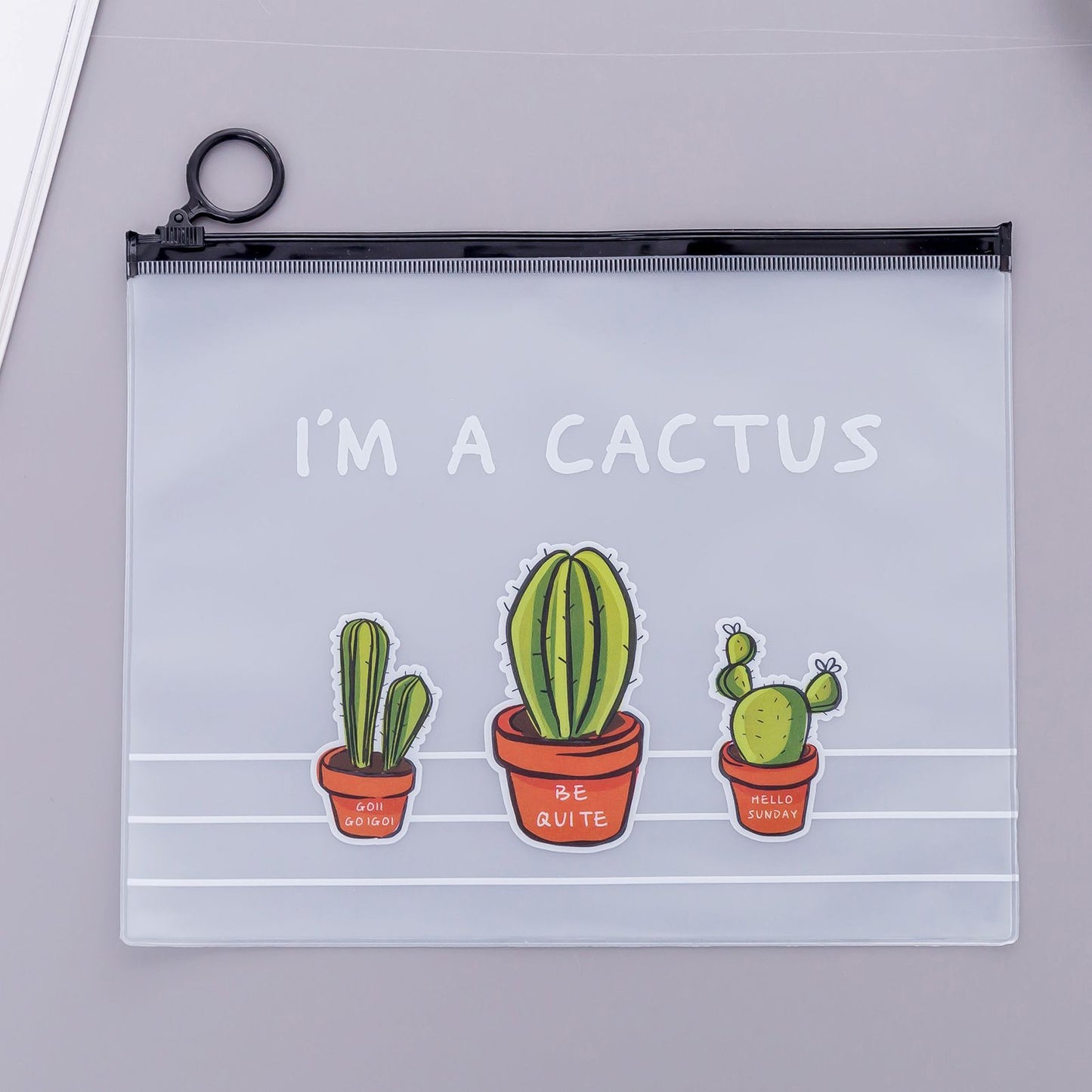 Cute File Pocket PVC Zipper Bag Transparent Pencil Case Large Capacity Stationery Storage Bag3 Cactus